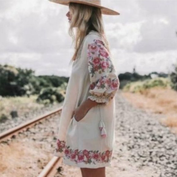 Embroidered Floral Puff Sleeve Boho Dress Cream - Picture 3 of 7
